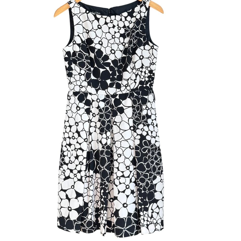 Peck & Peck Black White Floral Midi Dress Box Pleats Jewel Neck Size M 8-10